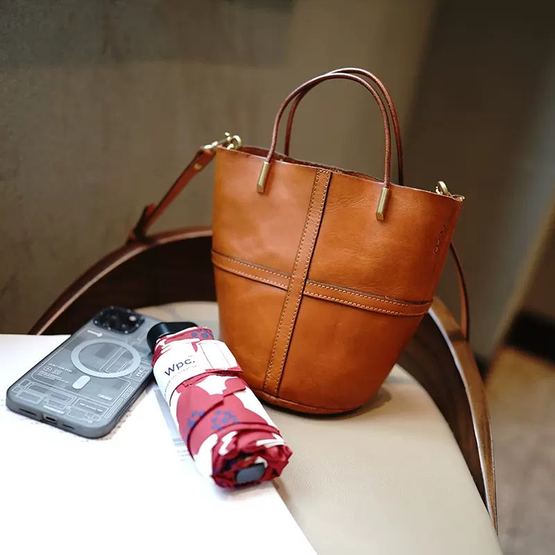 Li Ji | Original handmade | Tanned cow leather literary retro hand-carrying bucket bag No. M3113