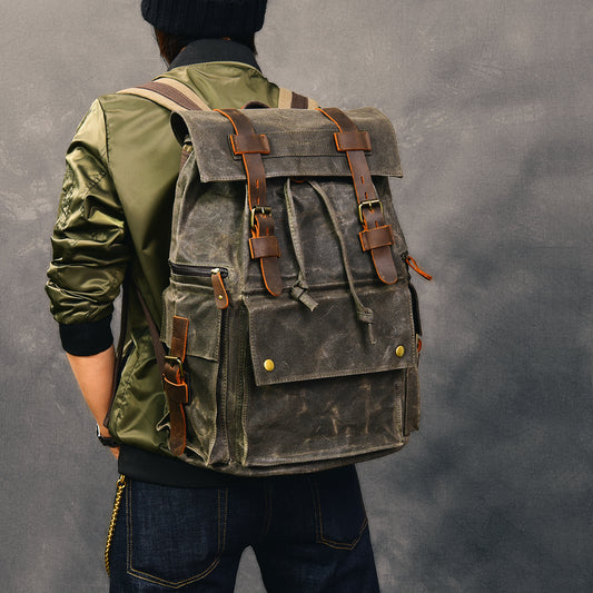 Li Ji | Original handmade genuine leather | Retro distressed waxed canvas men's custom-made imported alloy European and American style backpack No. 74422 