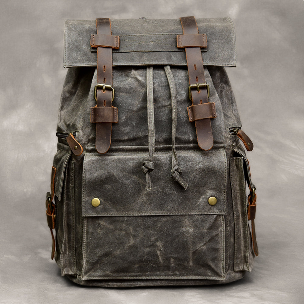 Li Ji | Original handmade genuine leather | Retro distressed waxed canvas men's custom-made imported alloy European and American style backpack No. 74422 