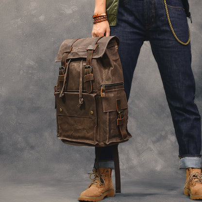 Li Ji | Original handmade genuine leather | Retro distressed waxed canvas men's custom-made imported alloy European and American style backpack No. 74422 