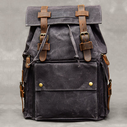 Li Ji | Original handmade genuine leather | Retro distressed waxed canvas men's custom-made imported alloy European and American style backpack No. 74422 