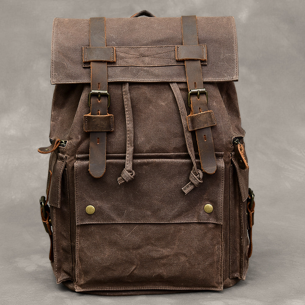 Li Ji | Original handmade genuine leather | Retro distressed waxed canvas men's custom-made imported alloy European and American style backpack No. 74422 