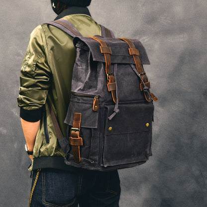 Li Ji | Original handmade genuine leather | Retro distressed waxed canvas men's custom-made imported alloy European and American style backpack No. 74422 