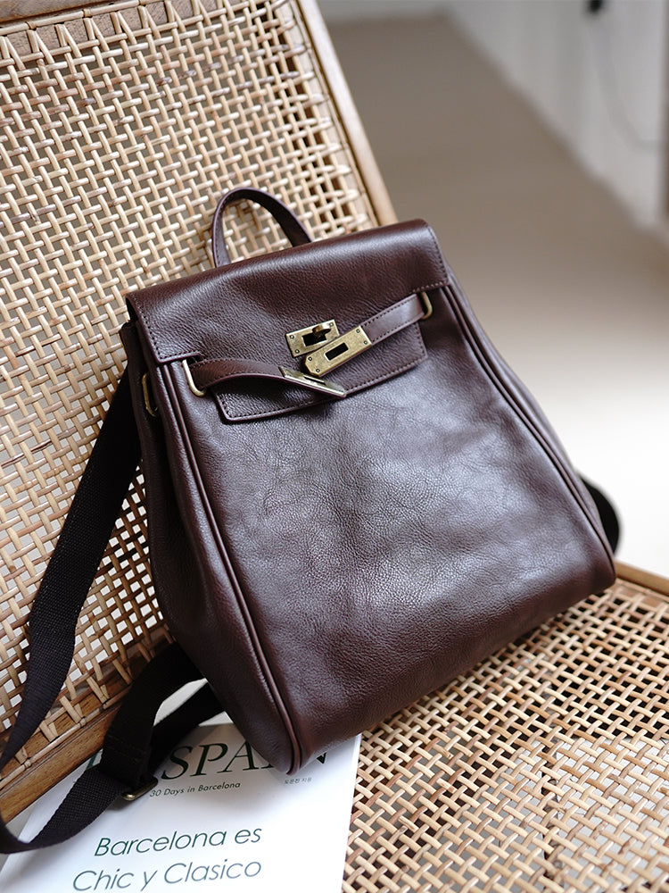 Li Ji | Original handmade | Vegetable-tanned cowhide elegant retro trendy women's lock backpack No. M3611