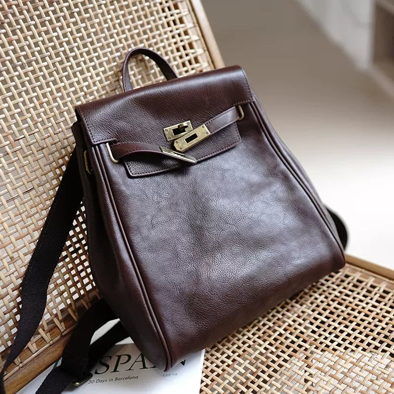 Li Ji | Original handmade | Vegetable-tanned cowhide elegant retro trendy women's lock backpack No. M3611