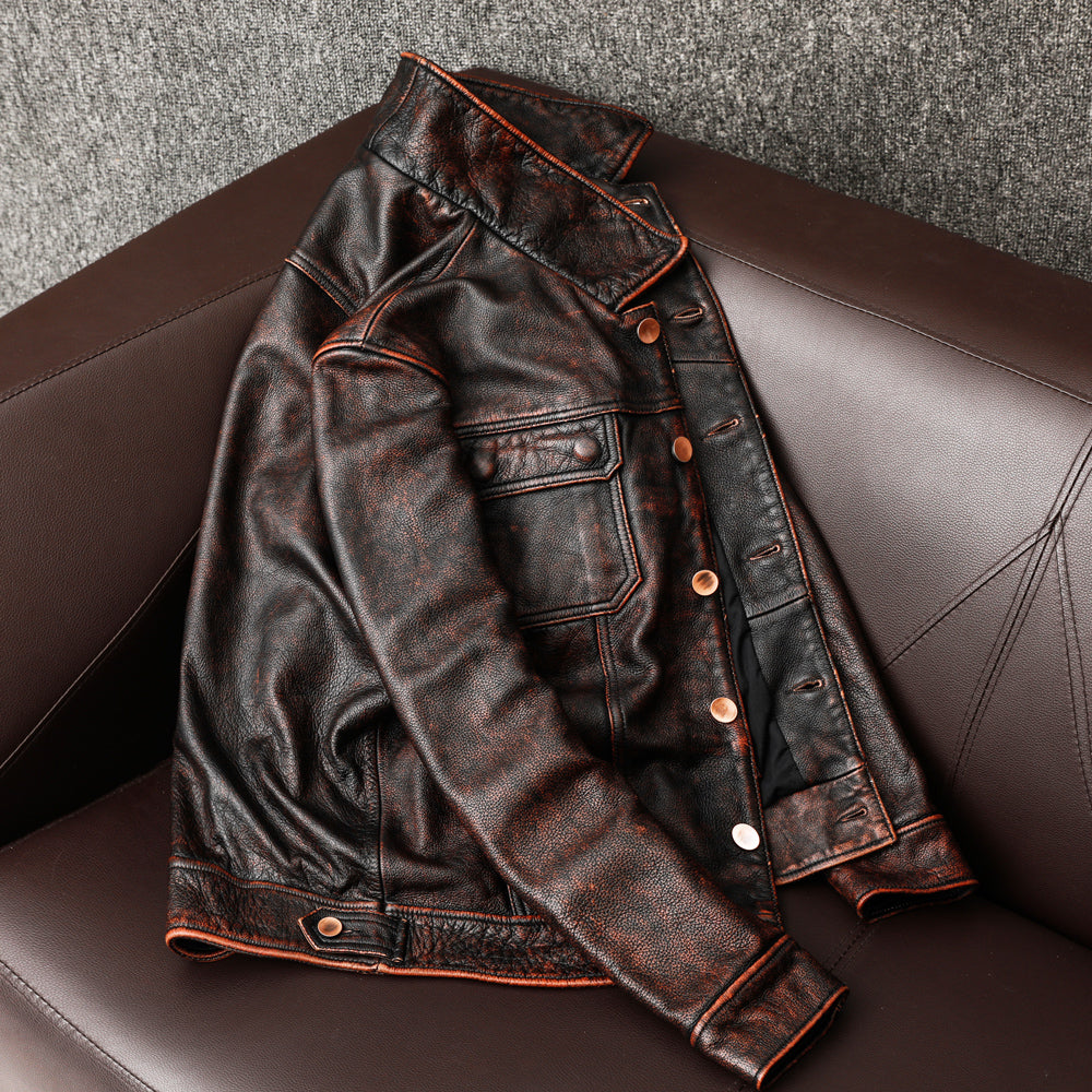 Li Ji | Original Genuine Leather | Stonewashed Retro Distressed Leather Jacket Men's No. 555